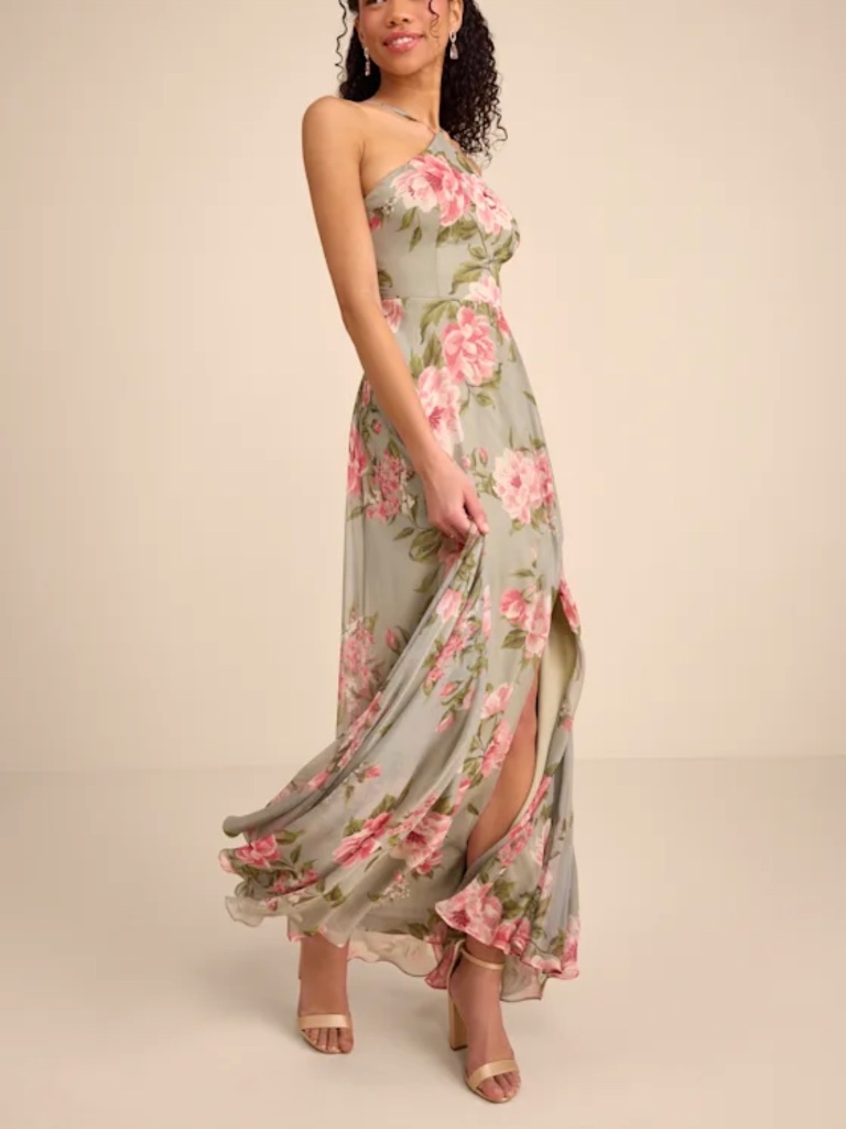 Lulus Romantic Marvel Sage Floral Print Halter Neck Maxi Dress Green - Size L